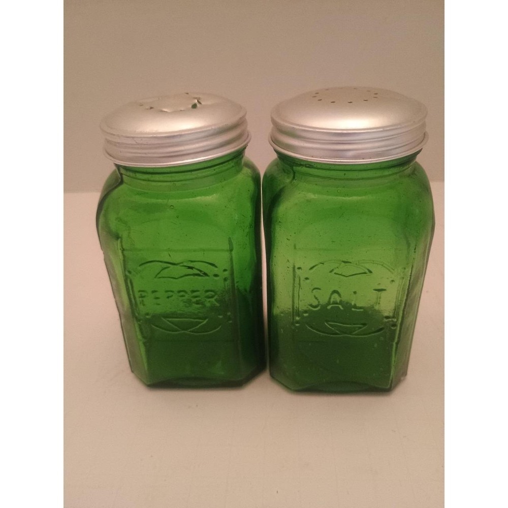 Vintage Green Glass Salt & Pepper Shakers